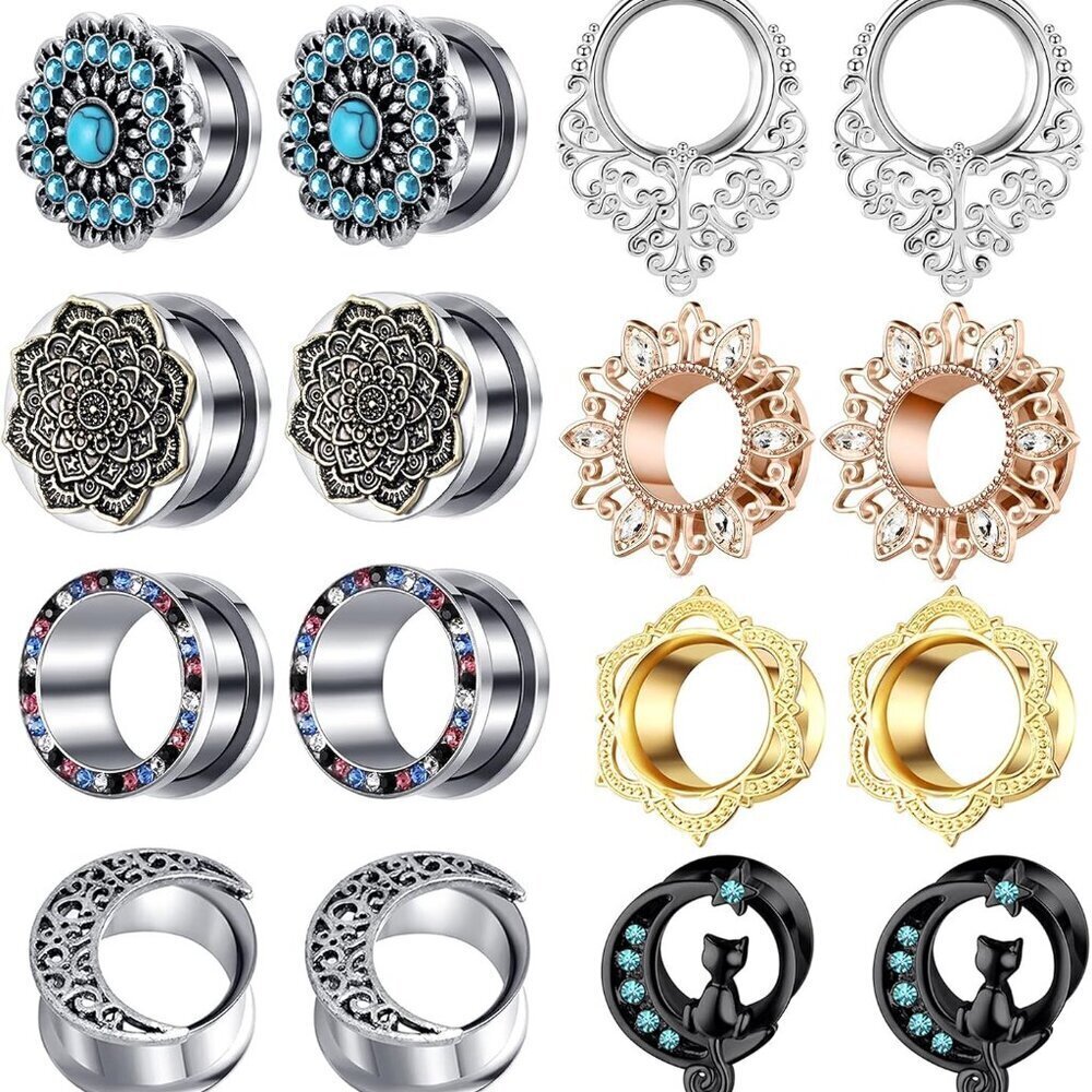8 Pairs Stainless Steel Ear Tunnels Gauges Unisex Body Piercing Plugs